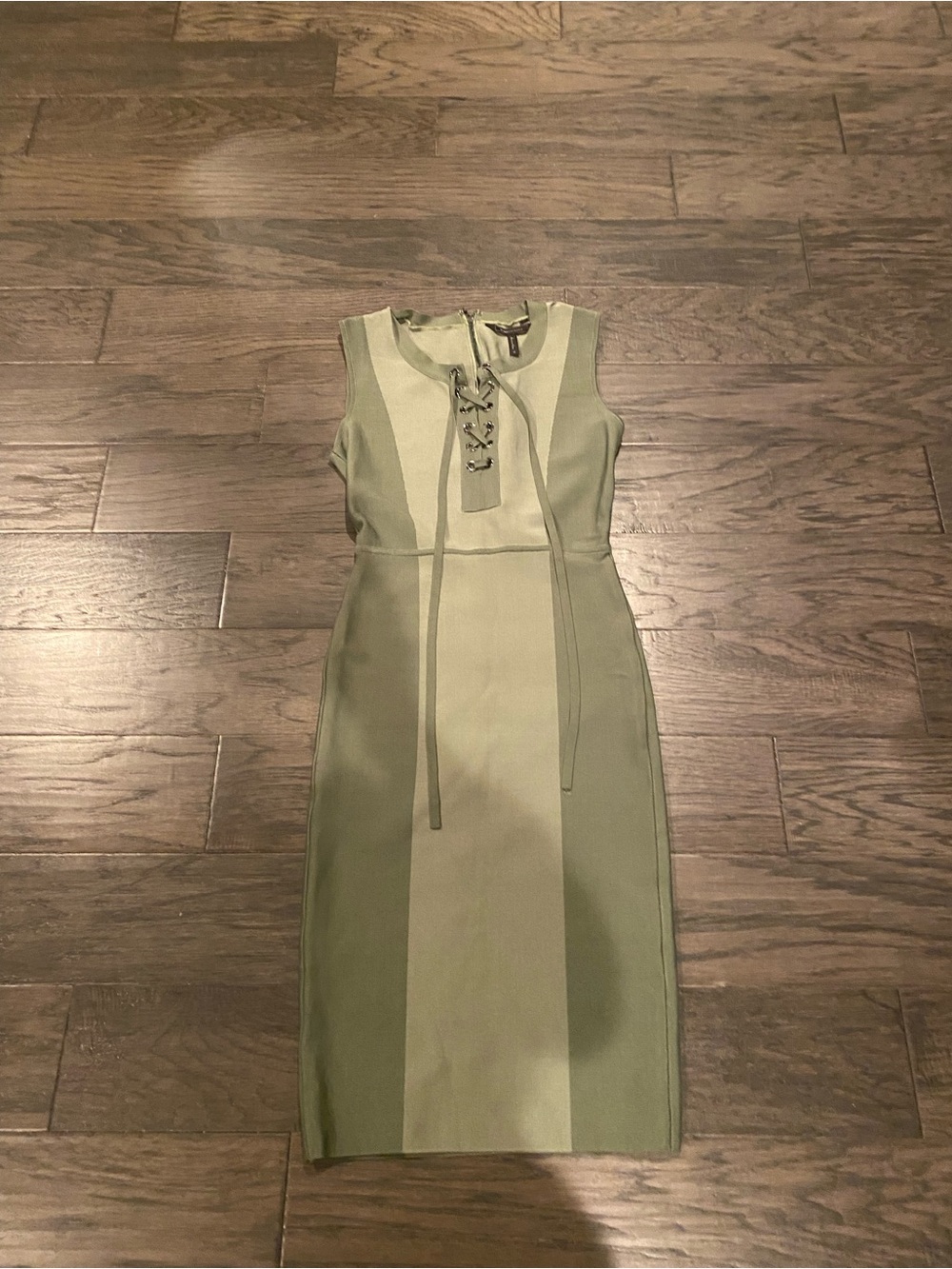 BCBGMaxAzria Olive Green Panel Midi Dress with Lace-Up Neck